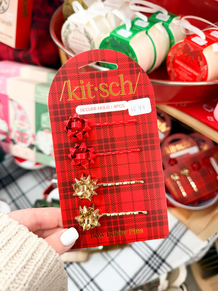 Metal Gift Bow Bobby Pins 4pc Set - Red & Gold