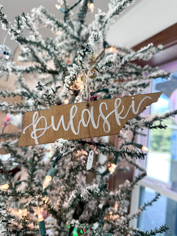 HAND-PAINTED WOOD ORNAMENT | Lettered Tennessee • “Pulaski” • White Letters #1