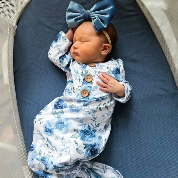 Caden Lane | Bailey's Blue Floral Newborn Baby Knot Gown & Hat Set