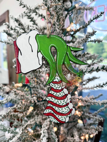 HAND-PAINTED WOOD ORNAMENT | Festive Monster Hand with Tree Cake #2