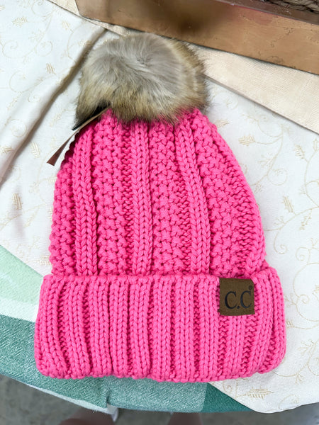 Fuzzy Lined Fur Pom CC Beanie