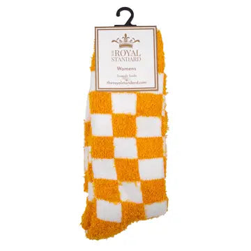 Women's Orange + White Checkerboard Fuzzy Socks
