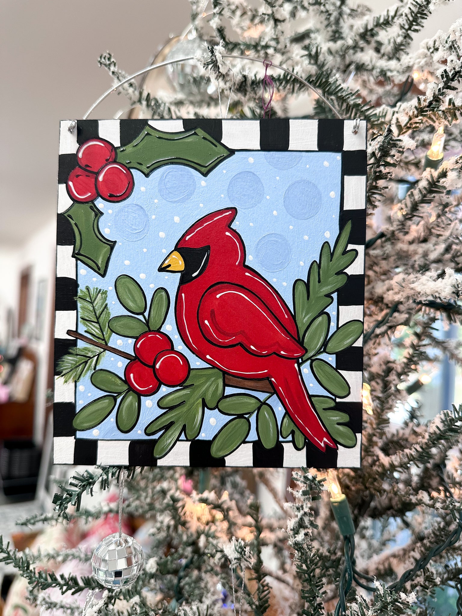 HAND-PAINTED WOOD ORNAMENT | Framed Cardinal #1