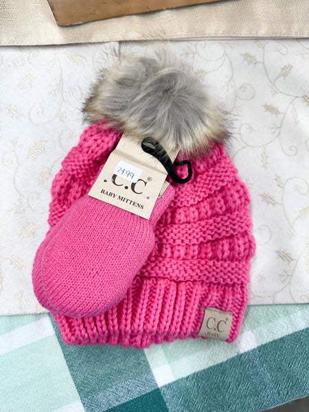 BABY Solid Knit Faux Fur Pom CC Beanie with Mitten SET