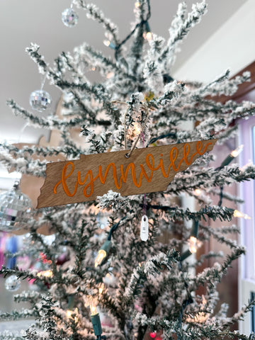 HAND-PAINTED WOOD ORNAMENT | Lettered Tennessee • “Lynnville” • Orange Letters #1