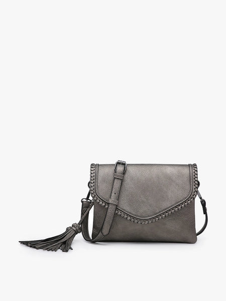 Sloane Flapover Crossbody with Whipstitch + Tassel - Pewter