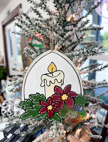 HAND-PAINTED WOOD ORNAMENT | Candle + Poinsettias #1