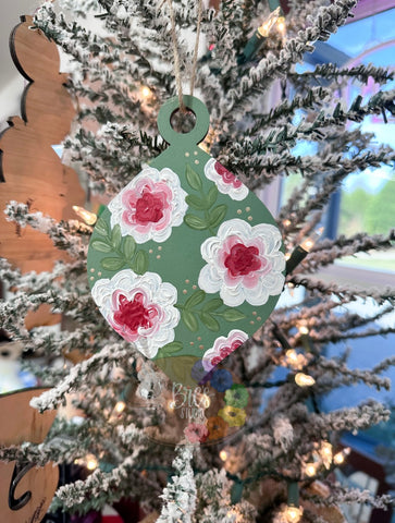 HAND-PAINTED WOOD ORNAMENT | Red + Green Florals