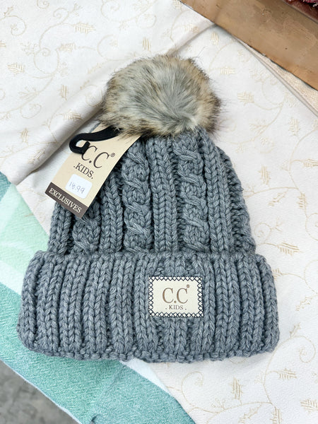 KIDS' Cable Ribbed Fur Pom CC Beanie