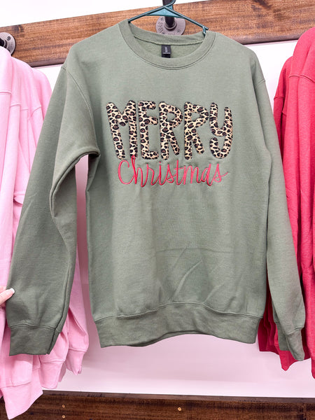 Leopard Merry Christmas Embroidered Appliqué Sweatshirt