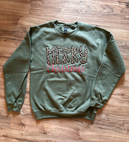 Leopard Merry Christmas Embroidered Appliqué Sweatshirt