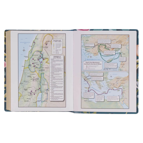 Teal Floral Ally Collection Large Print Faux Leather King James Version Note-taking Bible - Matthew 22:37