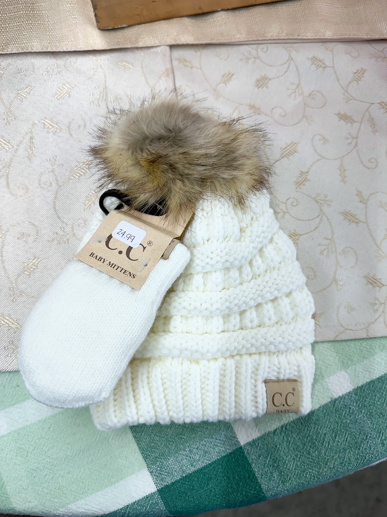 BABY Solid Knit Faux Fur Pom CC Beanie with Mitten SET