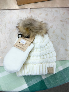 BABY Solid Knit Faux Fur Pom CC Beanie with Mitten SET
