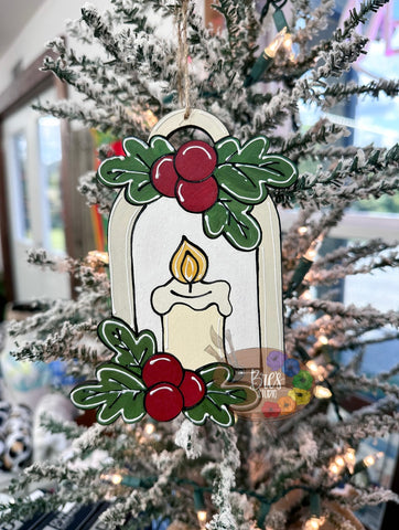 HAND-PAINTED WOOD ORNAMENT | Candle in Lantern with Holly #1