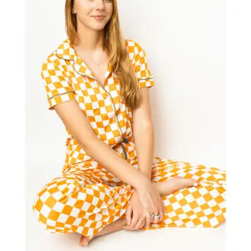 Orange + White Checkerboard Button Up Sleep Shirt