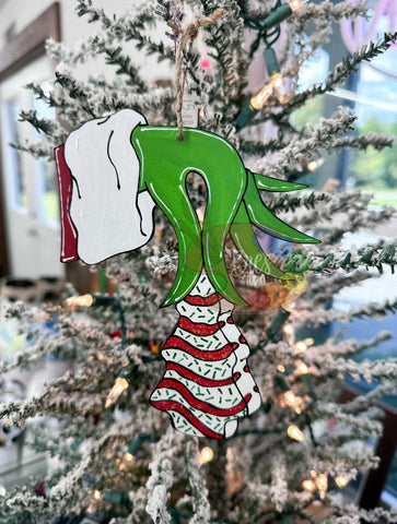 HAND-PAINTED WOOD ORNAMENT | Festive Monster Hand with Tree Cake #1