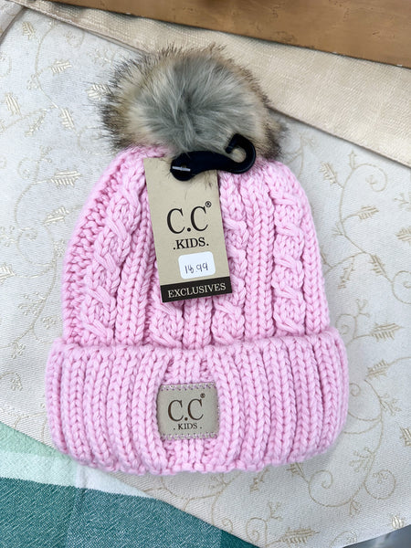 KIDS' Cable Ribbed Fur Pom CC Beanie