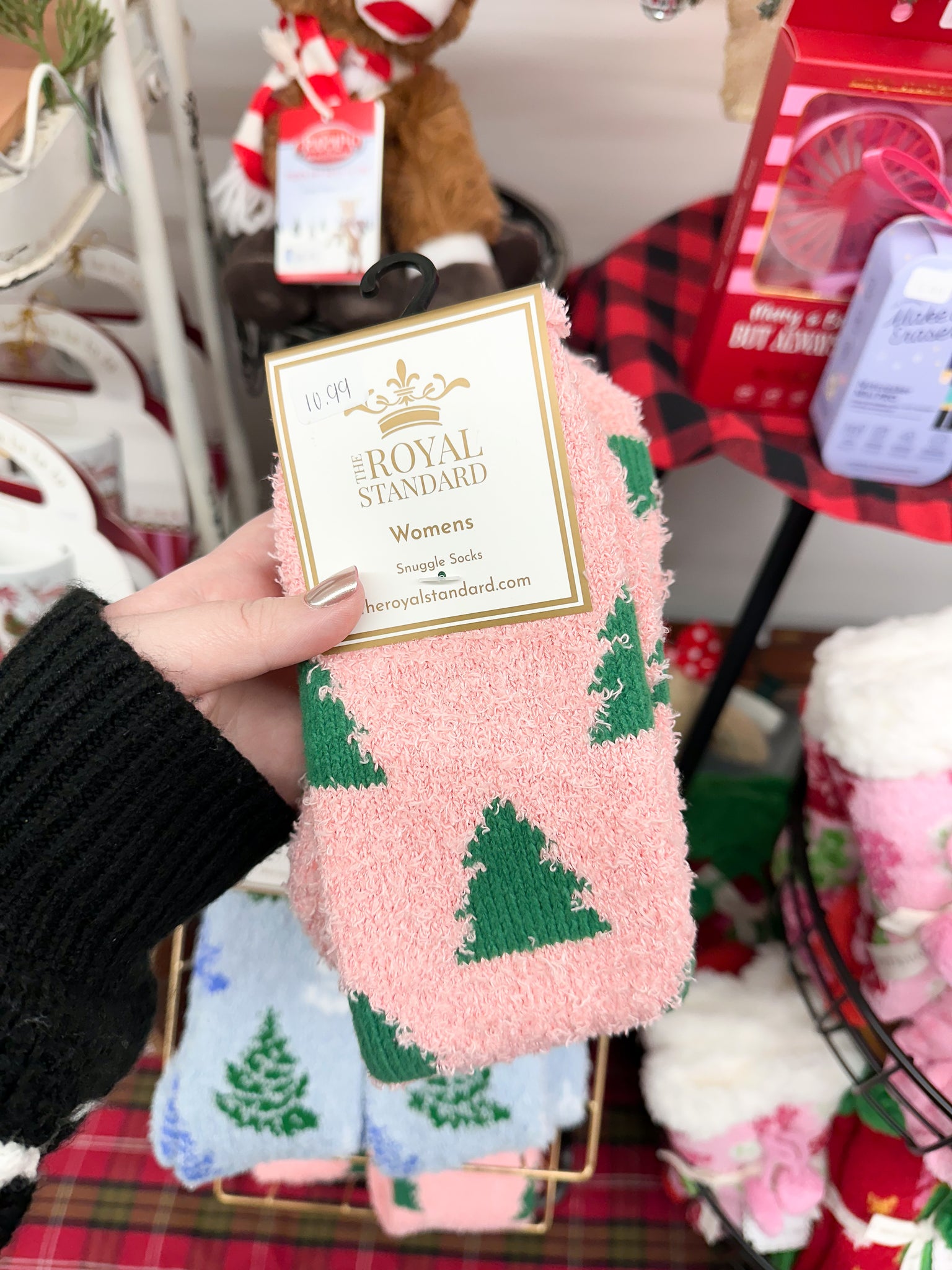 Women's Pink Christmas Tree Fuzzy Socks