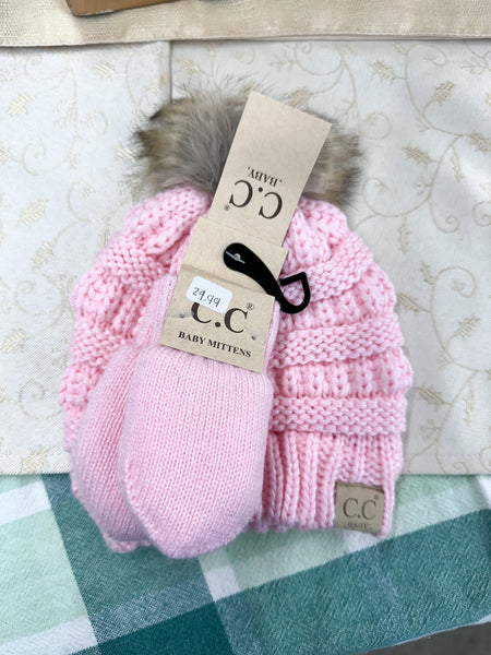 BABY Solid Knit Faux Fur Pom CC Beanie with Mitten SET