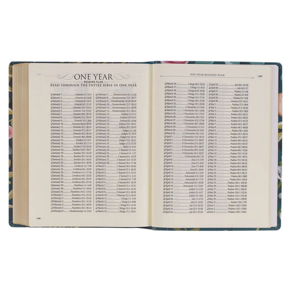 Teal Floral Ally Collection Large Print Faux Leather King James Version Note-taking Bible - Matthew 22:37
