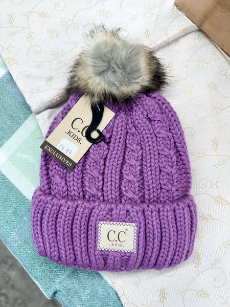KIDS' Cable Ribbed Fur Pom CC Beanie