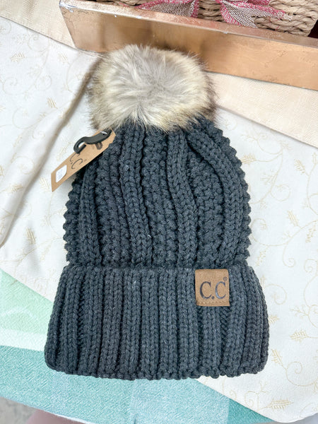 Fuzzy Lined Fur Pom CC Beanie