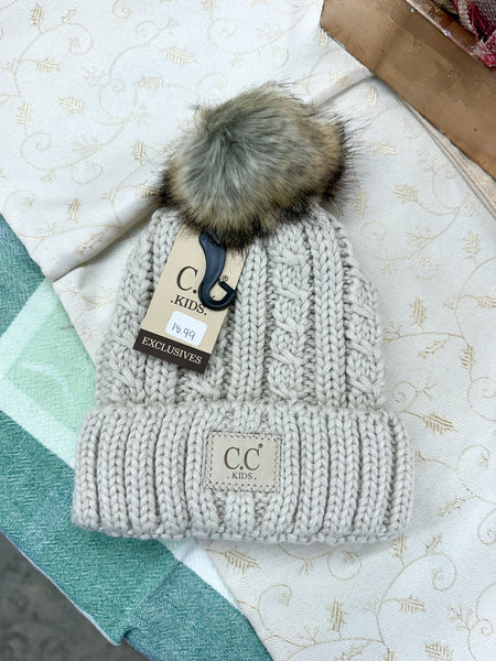 KIDS' Cable Ribbed Fur Pom CC Beanie