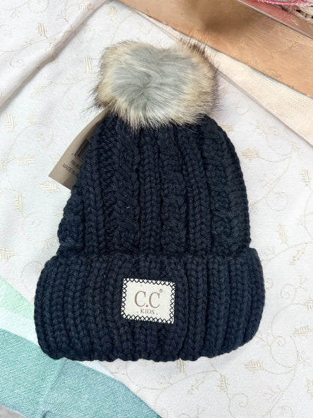 KIDS' Cable Ribbed Fur Pom CC Beanie