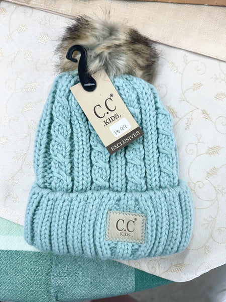 KIDS' Cable Ribbed Fur Pom CC Beanie