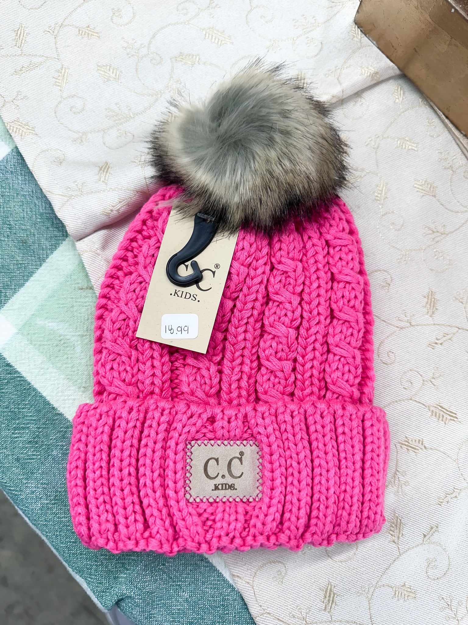 KIDS' Cable Ribbed Fur Pom CC Beanie