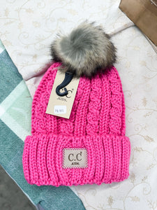 KIDS' Cable Ribbed Fur Pom CC Beanie
