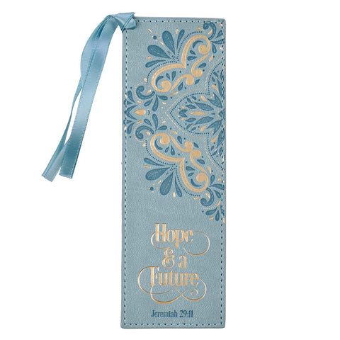 Hope and a Future Powder Blue Faux Leather Bookmark - Jeremiah 29:11