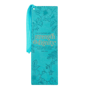 Strength & Dignity Teal Faux Leather Bookmark - Proverbs 31:25