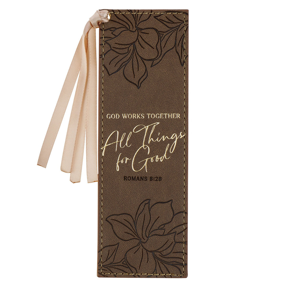 All Things For Good Ash-Brown Faux Leather Bookmark - Romans 8:28