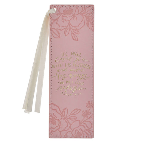 Under His Wings Pink Faux Leather Bookmark - Psalm 91:4