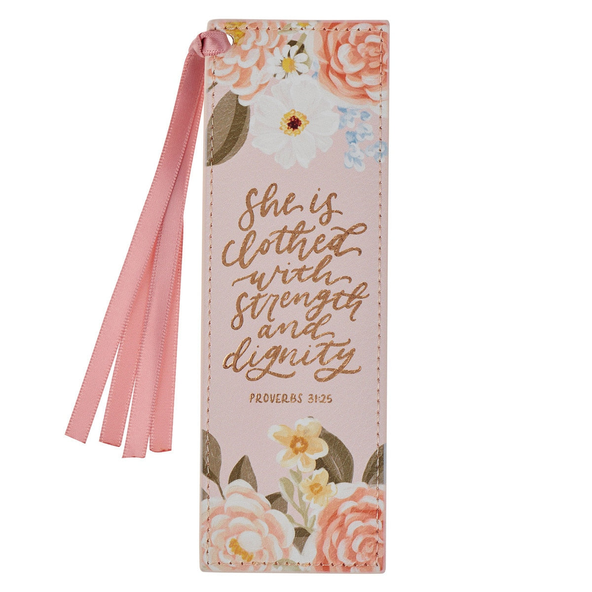 Strength and Dignity Dahlia Pink Faux Leather Bookmark - Proverbs 31:25