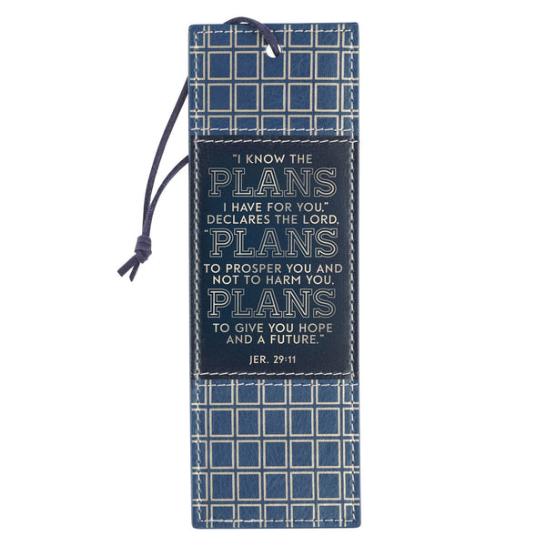 Plans Modern Blue Grid Faux Leather Bookmark - Jeremiah 29:11