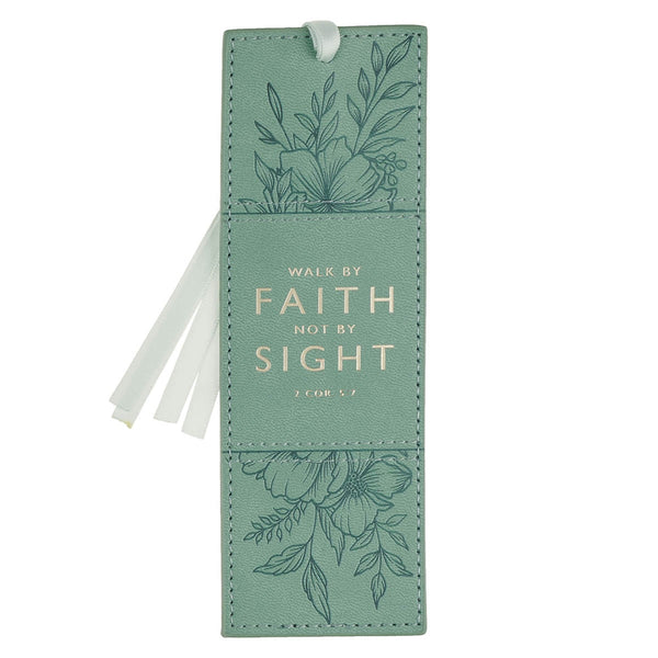 Faith Teal Floral Faux Leather Bookmark - 2 Corinthians 5:7