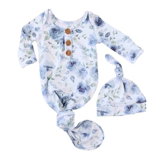Caden Lane | Bailey's Blue Floral Newborn Baby Knot Gown & Hat Set