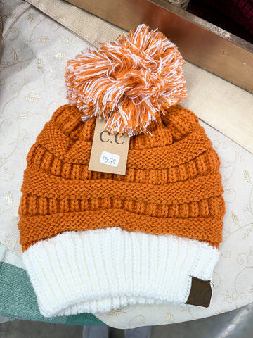 College Game Day CC Beanie with Pom - Orange + White