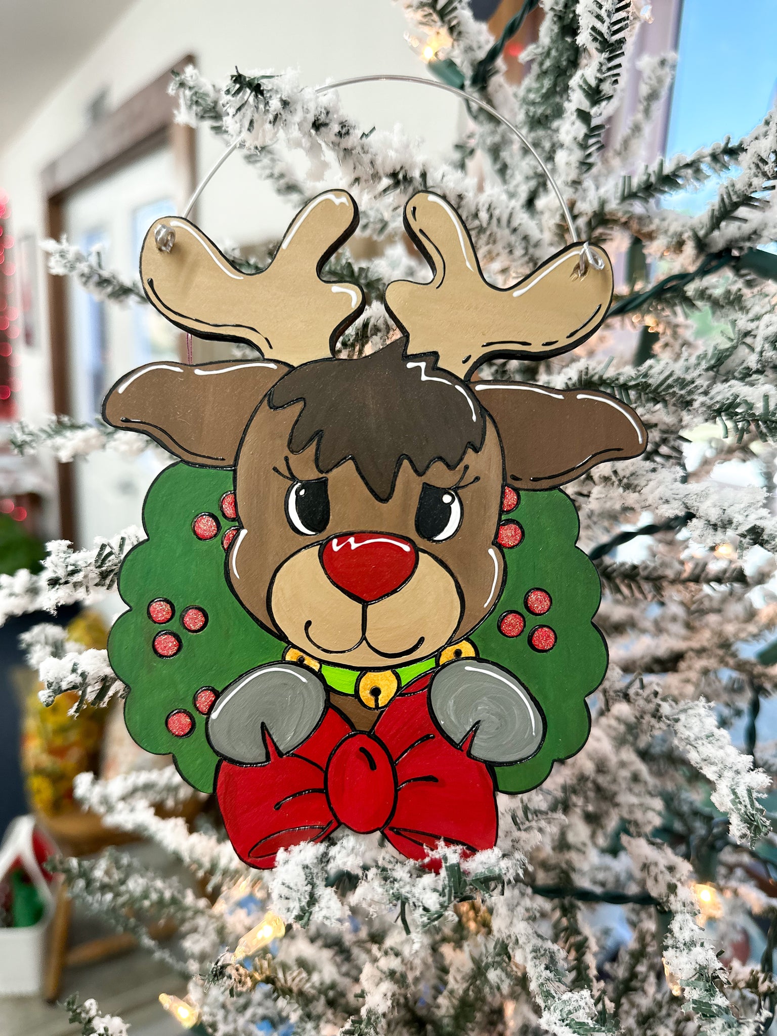 HAND-PAINTED WOOD ORNAMENT | Reindeer in Wreath #1