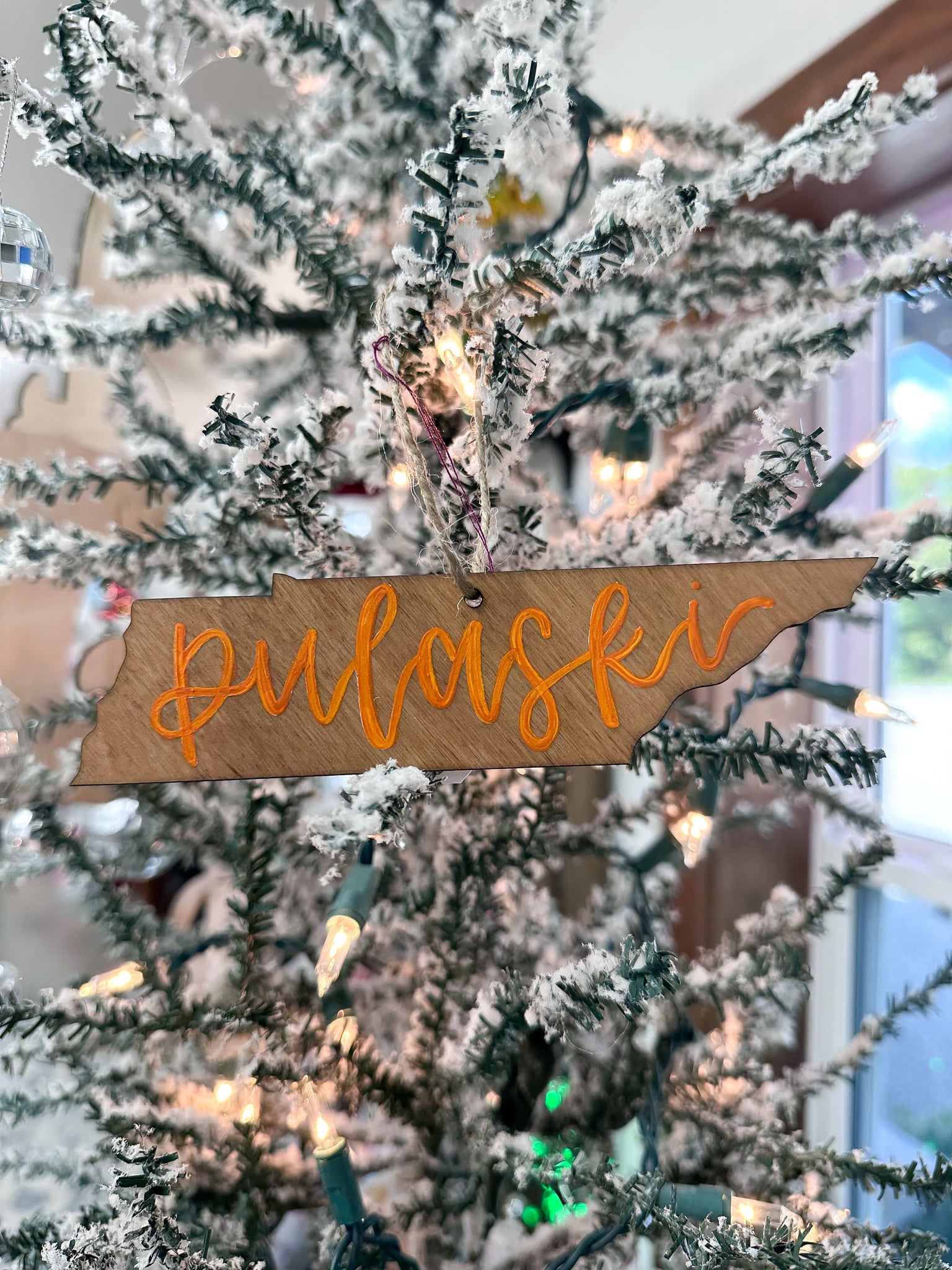 HAND-PAINTED WOOD ORNAMENT | Lettered Tennessee • “Pulaski” • Orange Letters #1