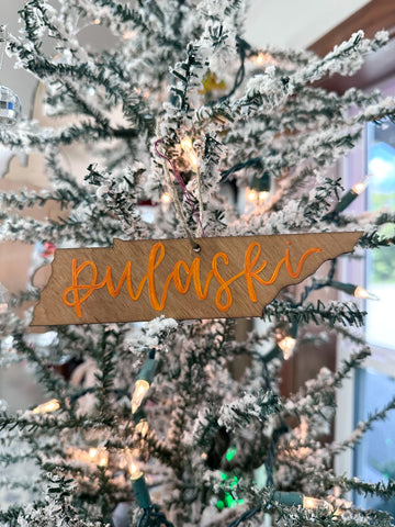 HAND-PAINTED WOOD ORNAMENT | Lettered Tennessee • “Pulaski” • Orange Letters #1