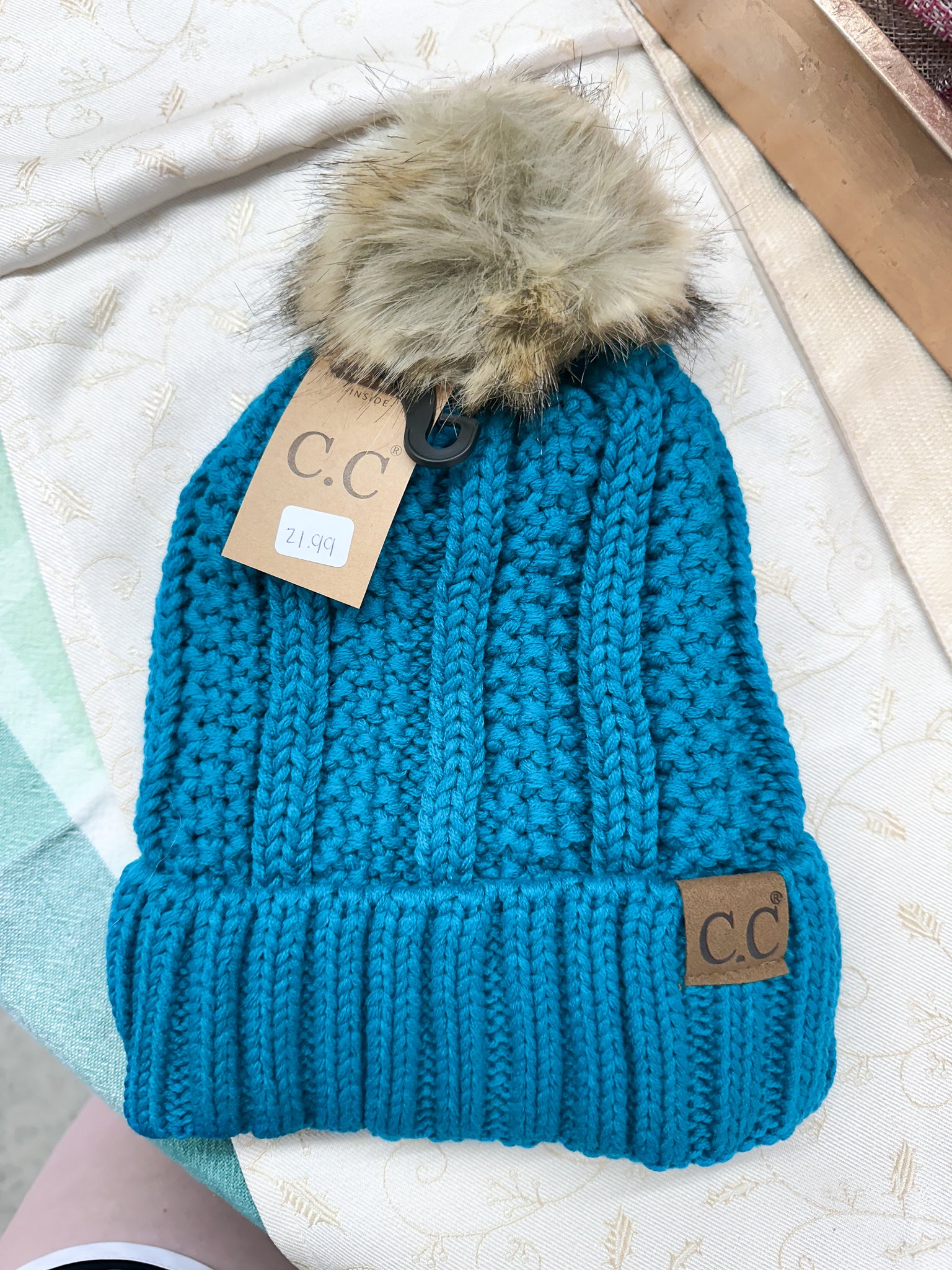 Fuzzy Lined Fur Pom CC Beanie
