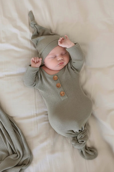 Caden Lane | Eucalyptus Bamboo Waffle Newborn Baby Knot Gown & Hat Set