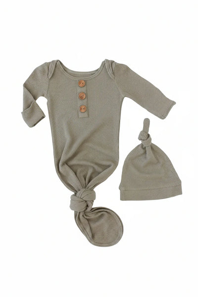 Caden Lane | Eucalyptus Bamboo Waffle Newborn Baby Knot Gown & Hat Set