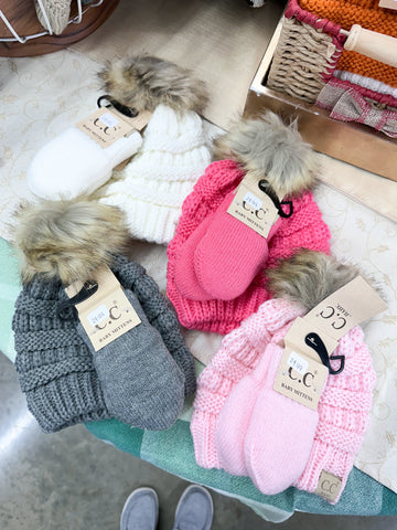 BABY Solid Knit Faux Fur Pom CC Beanie with Mitten SET