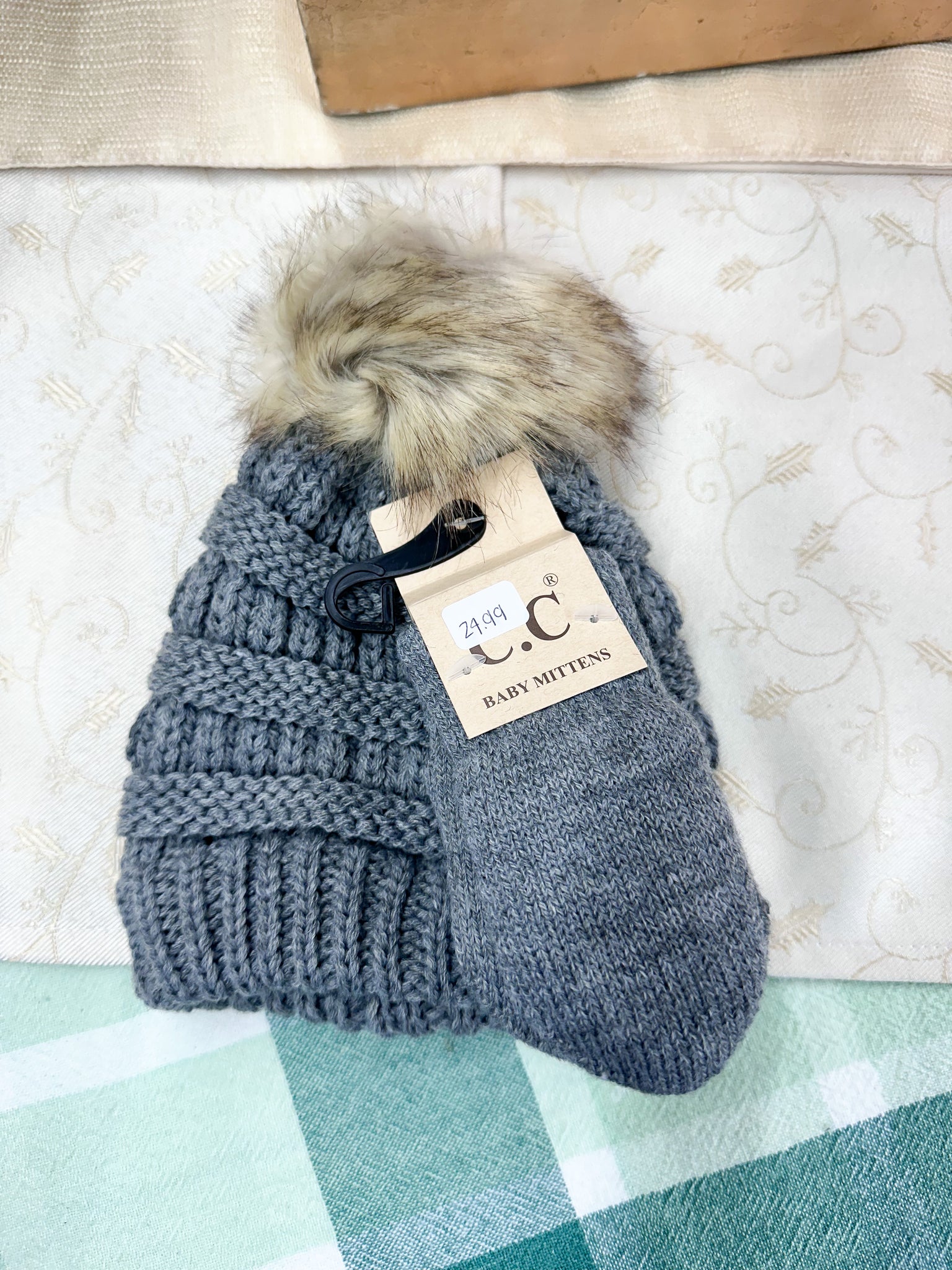 BABY Solid Knit Faux Fur Pom CC Beanie with Mitten SET