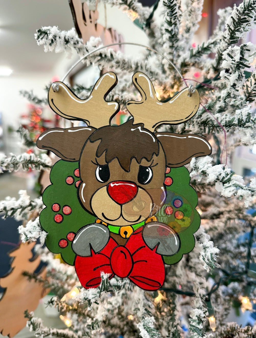 HAND-PAINTED WOOD ORNAMENT | Reindeer in Wreath #2